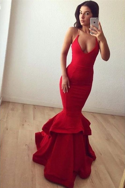 Ruffles Red Sexy Spaghetti-strap Sleeveless Long Prom Dress
