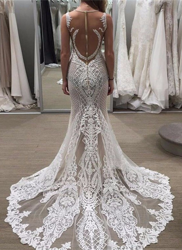 Lace Illusion Detachable Train Delicate Custom Made Sleeveless Wedding Dresses  Online