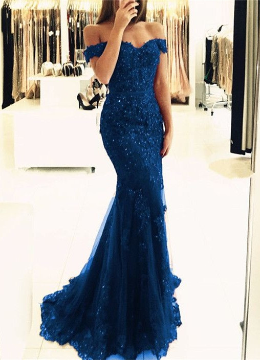 Off-the-Shoulder Prom Dress |Lace Appliques Evening Gowns