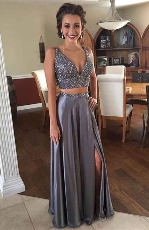 Modest Crystals V-neck Two Piece Front Split Evening Gown