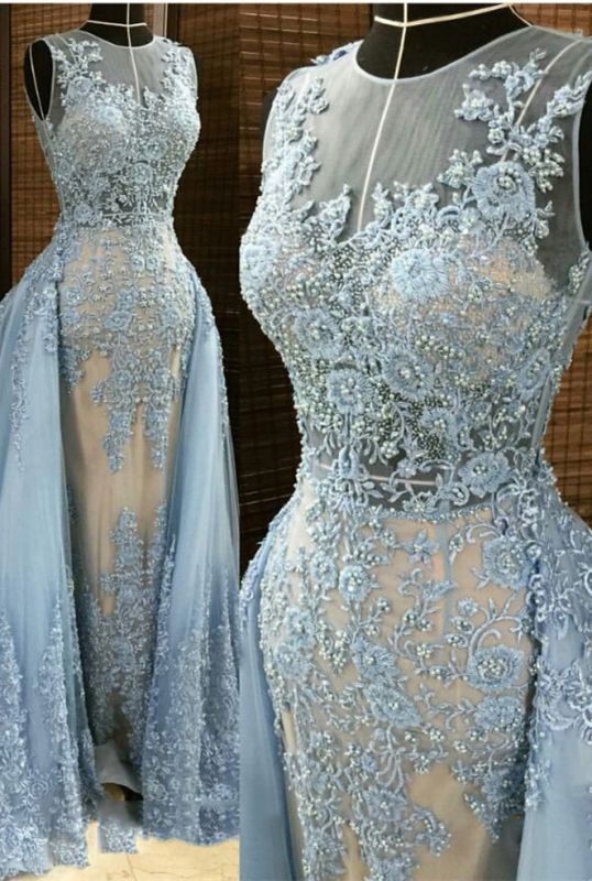 Modest Lace Appliques Blue Prom Dresses Long | Detachable Train Sleeveless Evening Dress