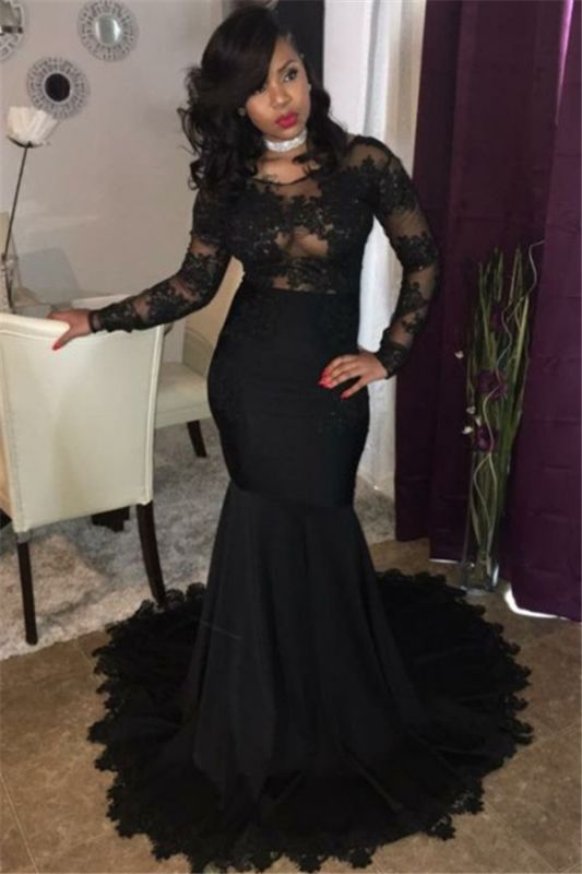 Long Black Lace Tulle Prom Dresses | Mermaid Long Sleeve  Formal Gowns FB0277