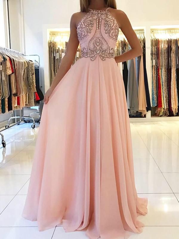 Modest Pink Beads A-line Prom Dress | Chiffon Prom Dress