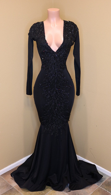 Black Beads Long Sleeve Mermaid Prom Dresses  BA8203