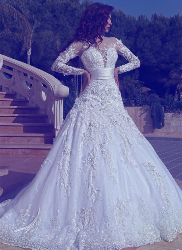Elegant Long Sleeves Tulle Wedding Dresses 2021 | Sexy Sheer Appliques Wedding Dress Online