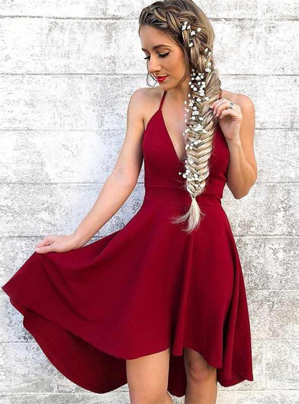 la plus récente robe de soirée trapèze à bretelles spaghetti rouge | Robe de soirée courte