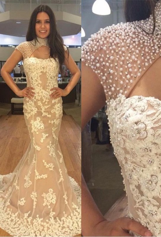 Newest Pearls High Neck Mermaid Lace Appliques Prom Dress