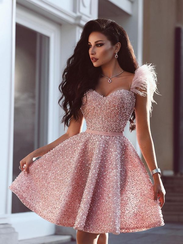 Classic Beading Homecoming Dress  Luxury Feather Pink Party Dress