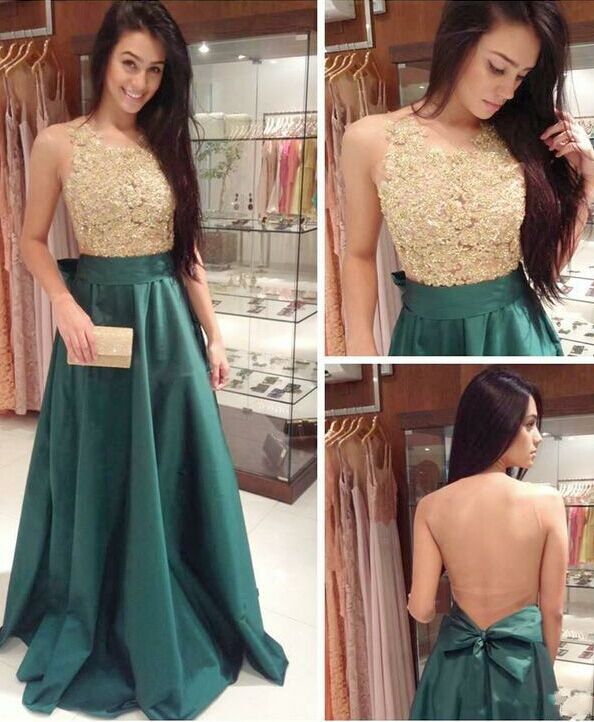 Prom Dress Sheer Crew Neck Gold Lace Applique Sheer Bow Knot Back Green Bottom Sweep Train Evening Gowns/Prom Dress