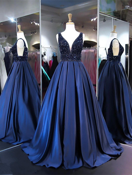 V-Neck Beads Custom Made Prom Dresses | A-line Sleeveless Navy Elegant Evening Dress