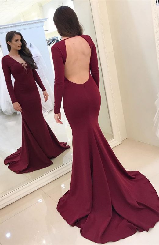 Modest Long Sleeve Burgundy Backless V-neck Mermaid Prom Dress