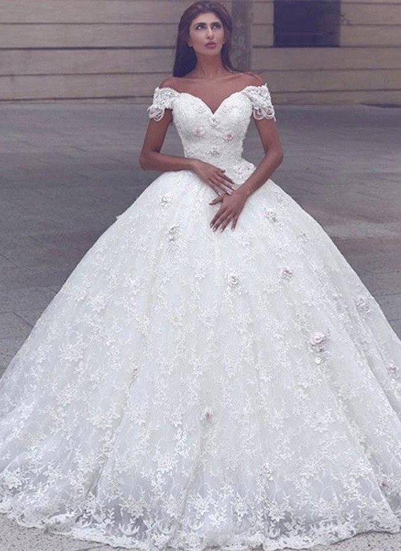 Cap Sleeve Lace Glamorous Lace Ball Gown Wedding Dresses