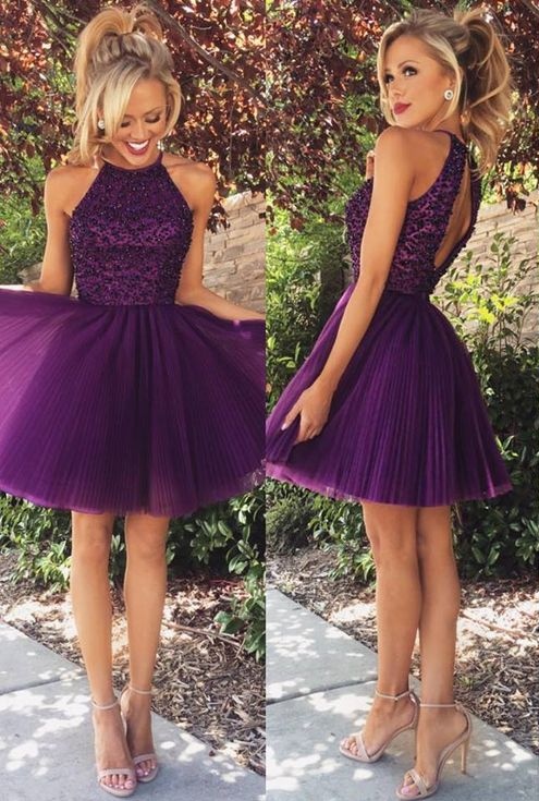 Halter Crystals Beaded Short Cocktail Dresses Ruched Open Back Mini Homecoming Dresses