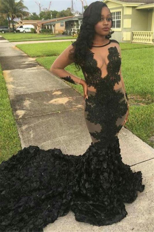 Appliques Mermaid Lace Sexy Long-Train Gorgeous Sheer Sleeves Black Prom Dress