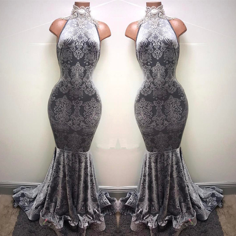 Silver Mermaid Long Prom Dresses  | Sleeveless High Neck Plus Size Formal Dresses BA8233