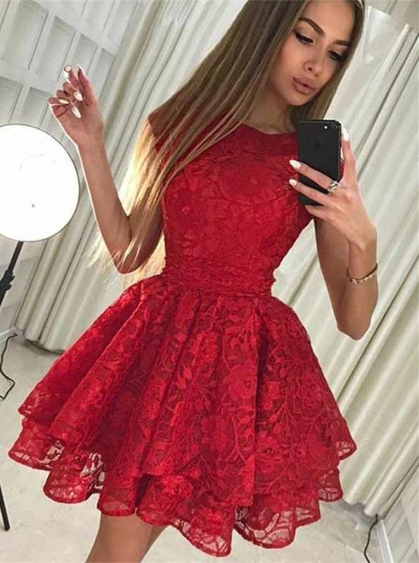 Cute Red Lace Jewel Ruffled Homecoming Dress | Short Party Gown