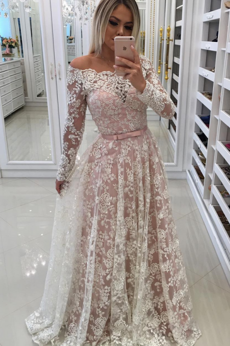 Modest Off-the-shoulder Long Sleeve Lace A-line Prom Dress
