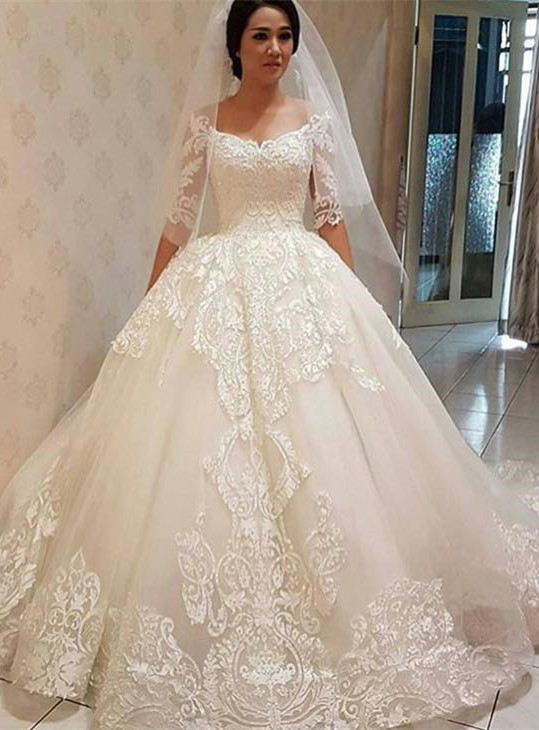 Neue Ankunfts-Spitze weg von der Schulter-halbe Hülsen-elegante Ballkleid-Hochzeitskleider