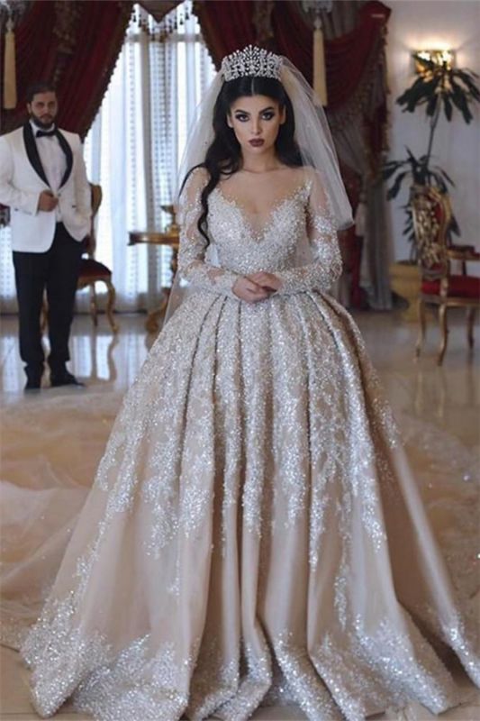 Sparkling Beads V-neck Crystal Ball Gown Wedding Dresses | Backless Sheer Tulle Long Sleeve Bridal Gowns