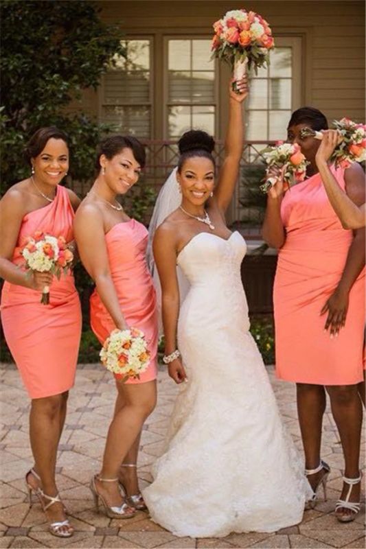 Elegant  One Shoulder Orange Wedding Dress Sheath Knee Length Popular Ruffles Simple Bridesmaid Dresses