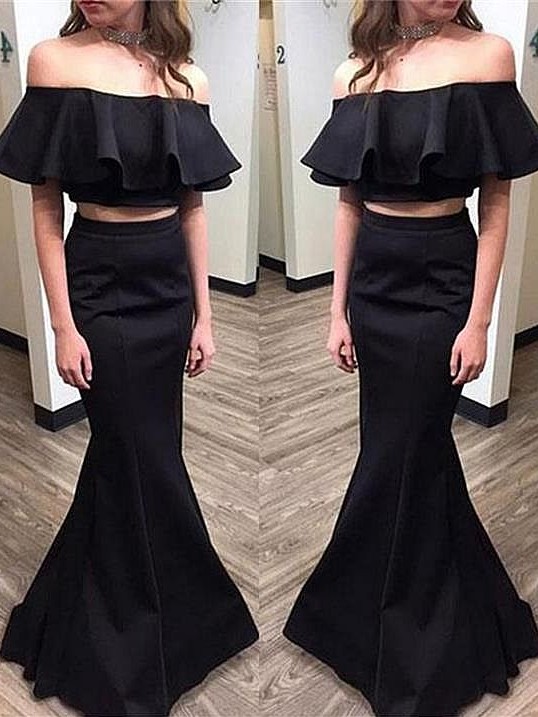 Elegante schwarze zwei Stücke Prom Kleider | Off-the-Shoulder-Rüschen Abendkleider