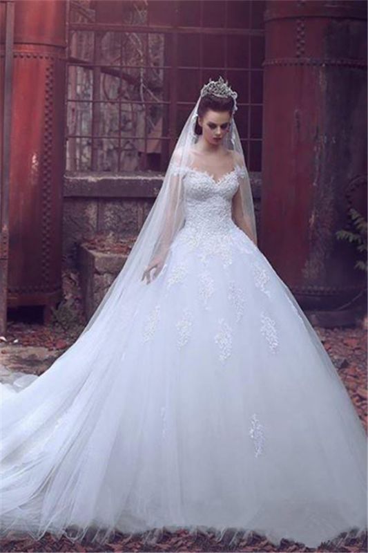 Hors de l'épaule princesse robe de mariée robe de bal dentelle robes de mariée avec long train