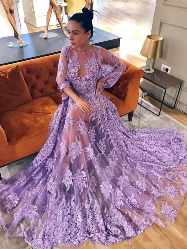 Modern Lace Lavender Half Sleeve Prom Dress | Backless Prom Dress