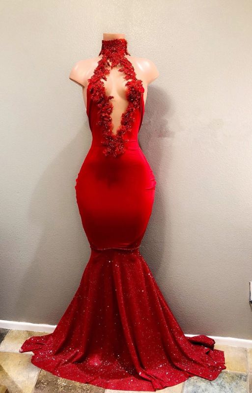 New Arrival Mermaid Red Lace High Neck Prom Dresses  | Red Prom Dresses  BA8154