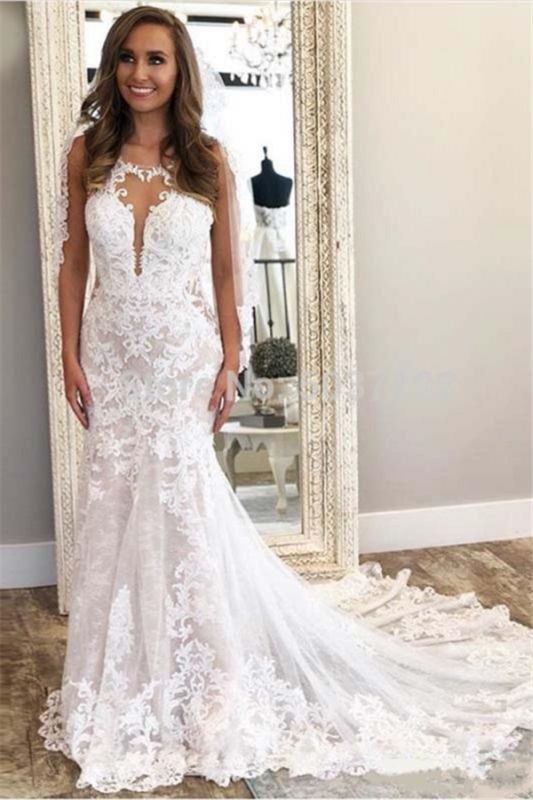 Spaghetti Straps Lace Mermaid Wedding Dresses |  Open Back Bridal Gowns Online