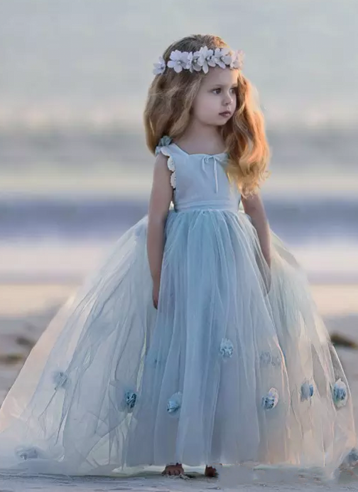 Light Sky Blue Princess Flower Girl's Dresses Sleeveless Ball Gown Party Dress for Kids