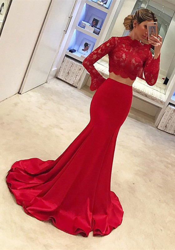 Gorgeous Lace Red Two piece Prom Dress Mermaid