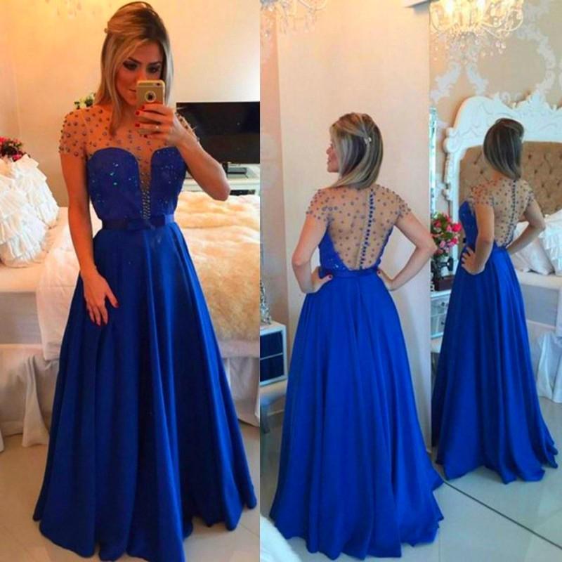 Royal Blue Short Sleeves Beaded Prom Dresses Sheer Tulle Back with Bowknot Belt Evening Gowns BT00