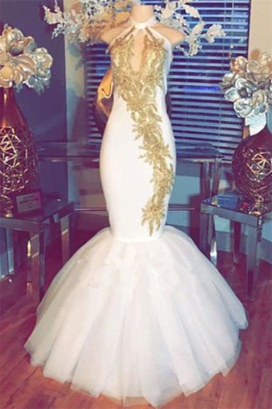 White Mermaid Prom Dresses  |Halter Evening Gowns With Gold Appliques BA8790