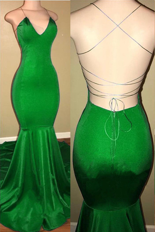 Green Sheath Spaghetti Strap Open Back Prom Dresses  | Prom Dresses
