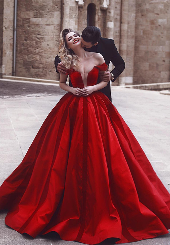 Robe de soirée glamour à épaules dénudées | Robe de bal longue rouge