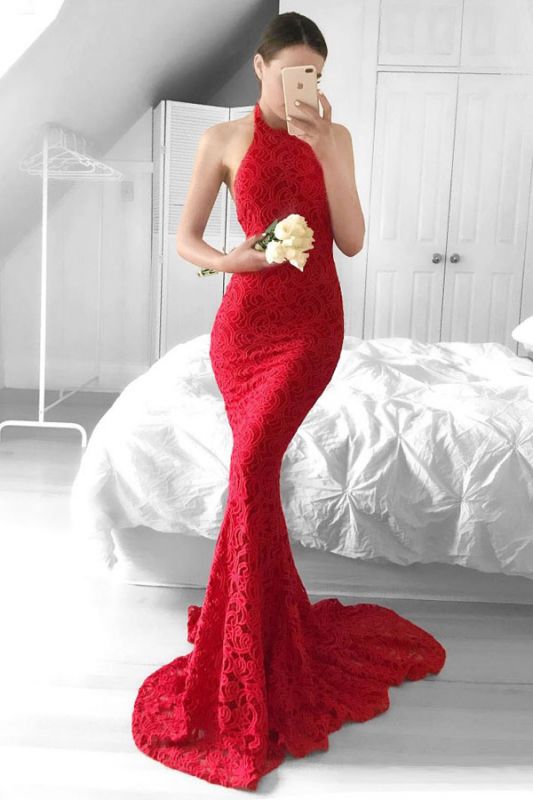 Sexy Red Mermaid Halter Sleeveless Backless Prom Dress