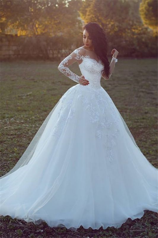 Appliques Glamorous Tulle Long Sleeve Ball Gown Wedding Dresses  Online