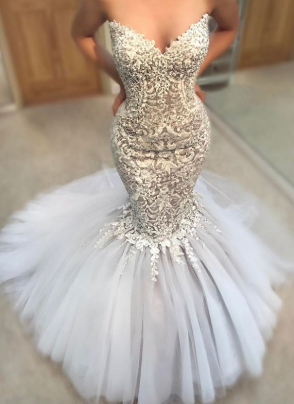 Robes de mariée sirène élégantes en dentelle appliques | Robes de mariée sexy jupe en tulle cou chérie