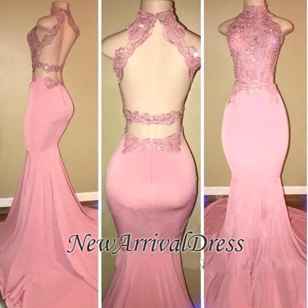 Pink Open Back High Neck Mermaid Long Prom Dresses  | Pink Prom Dresses