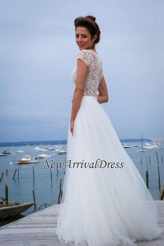 Tulle Beautiful Sexy Short Sleeve V-neck Elegant A-Line Simple Wedding Dresses