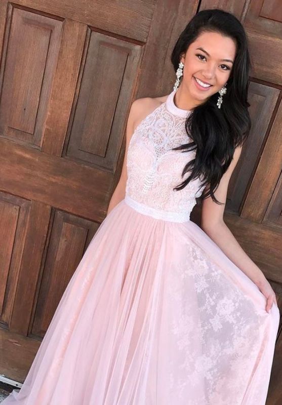 Popular Pink Lace High Neck A-line Sleeveless Prom Dress