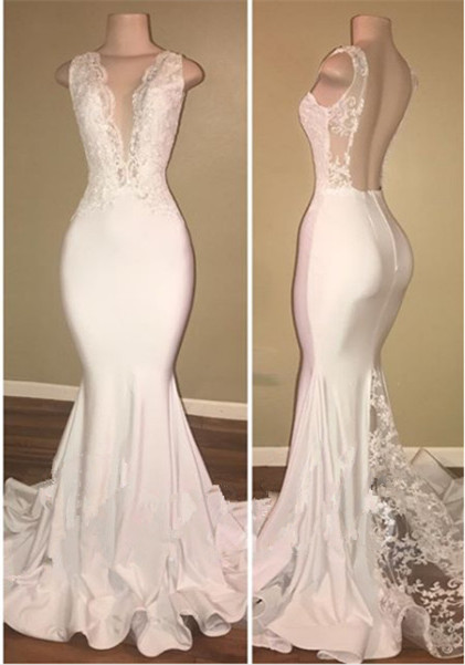 White Open Back V-neck Lace Mermaid Sleeveless Prom Dresses