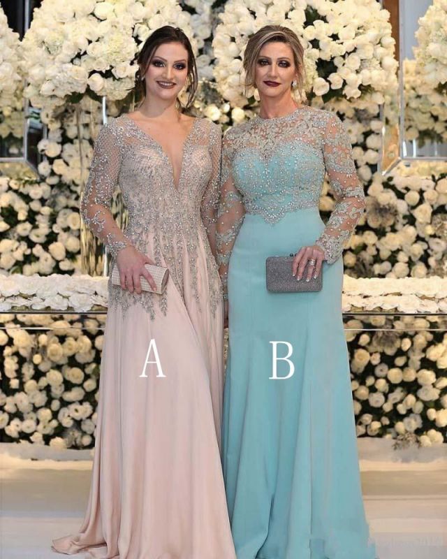 Long Sleeve Lace Beadings Mother of Bride Dress | Front Split Long Prom Dress
