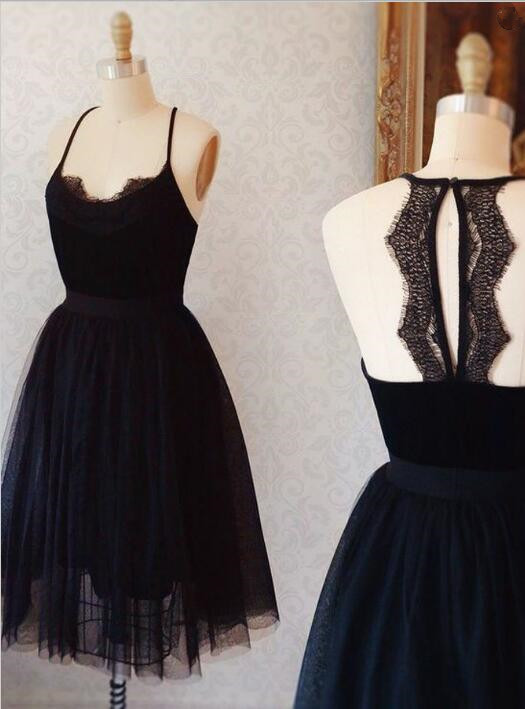 Black Lace Spaghetti Strap Custom Made A-line Sexy Short Homecoming Dresses