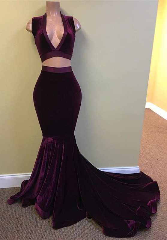 Grape V-Neck Mermaid Stunning Evening Gowns | Velvet Two Piece Prom Dresses