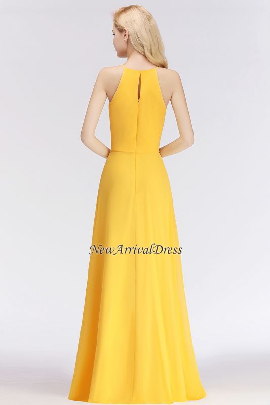 Sleeveless Fashion Chiffon Sheath Yellow Long Bridesmaids Dresses