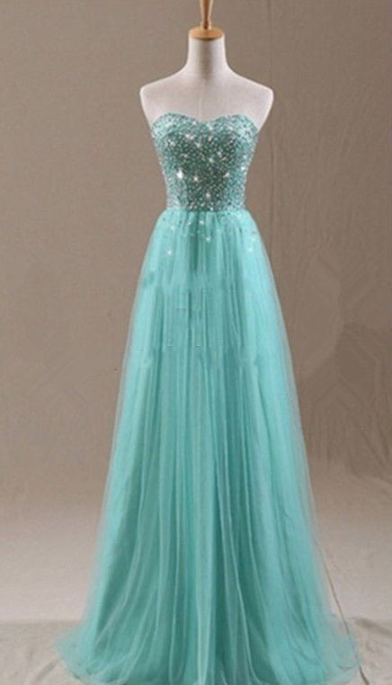 Mint Beading Mint Tulle Prom Dresses Lace-up Back Formal Evening Gowns