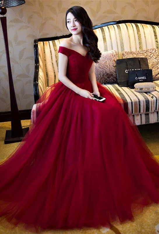 Newest Off-the-Shoulder Lace-Up Red A-line Prom Dress