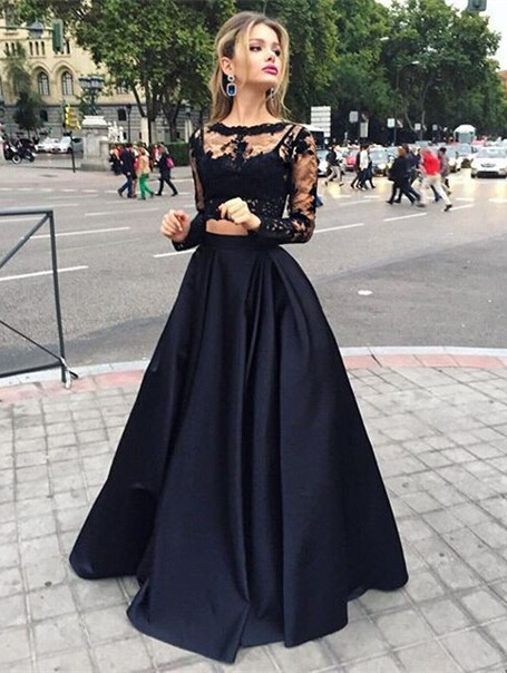 Modern Two Piece Black Lace A-line Long Sleeve Prom Dress