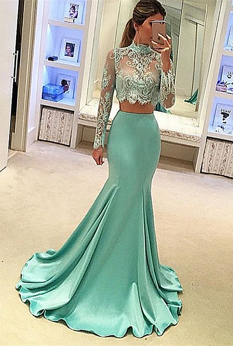 Mint High-Neck Mermaid Two-Piece Long-Sleeves Long Prom Dresses